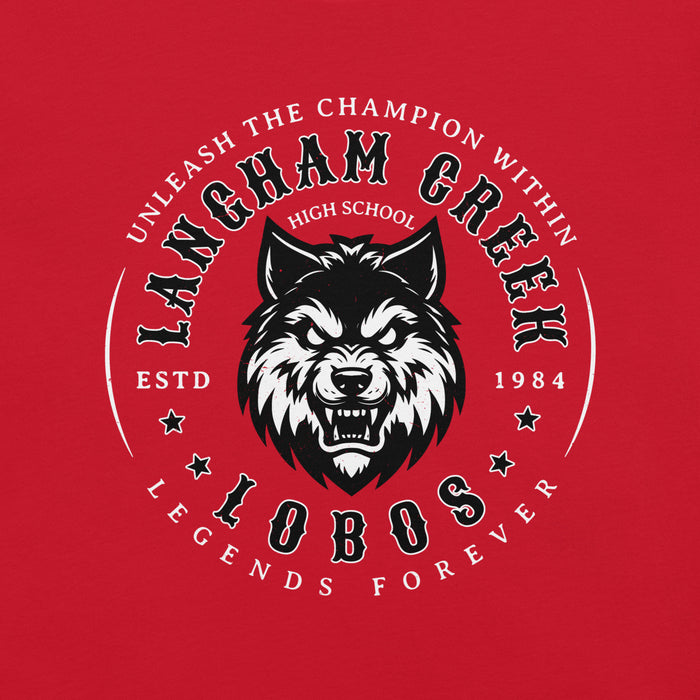 Close-up view of Langham Creek High School Lobos Red Premium Unisex T-shirt 214