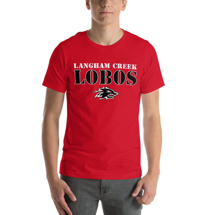 Man wearing Langham Creek High School Lobos Red Premium Unisex T-shirt 222