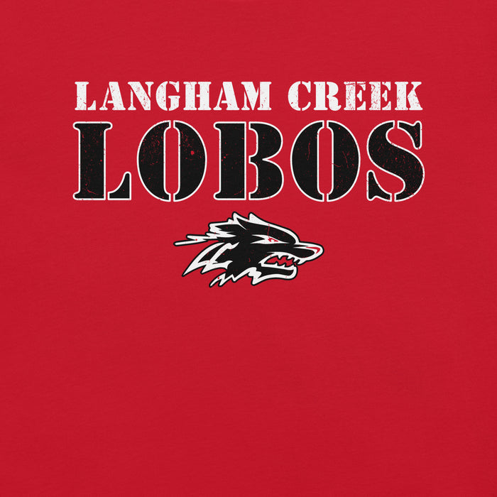 Close-up view of Langham Creek High School Lobos Red Premium Unisex T-shirt 222 