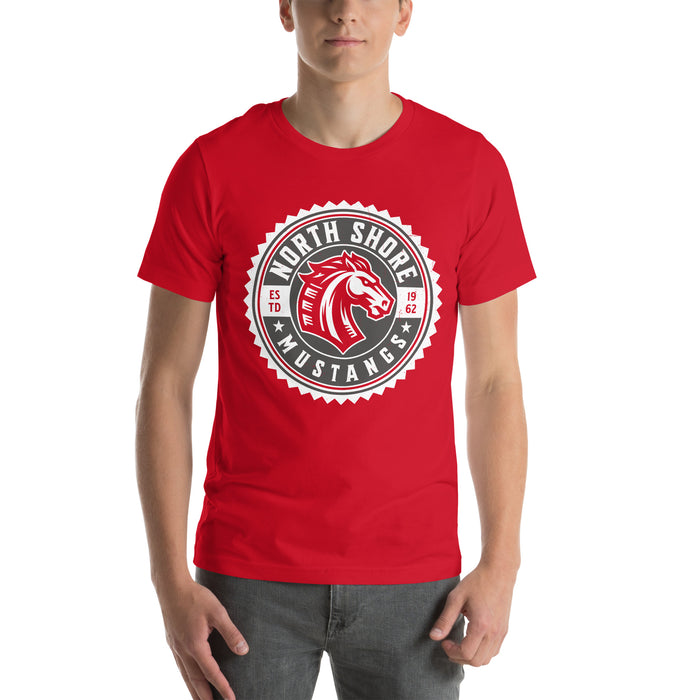 Man wearing North Shore High School Mustangs Red Premium Unisex T-shirt 203