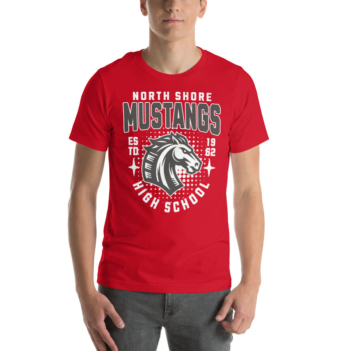 Man wearing North Shore High School Mustangs Red Premium Unisex T-shirt 204