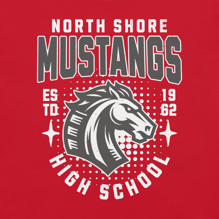 Close-up view of North Shore High School Mustangs Red Premium Unisex T-shirt 204