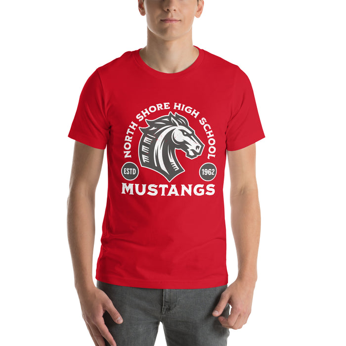 Man wearing North Shore High School Mustangs Red Premium Unisex T-shirt 208