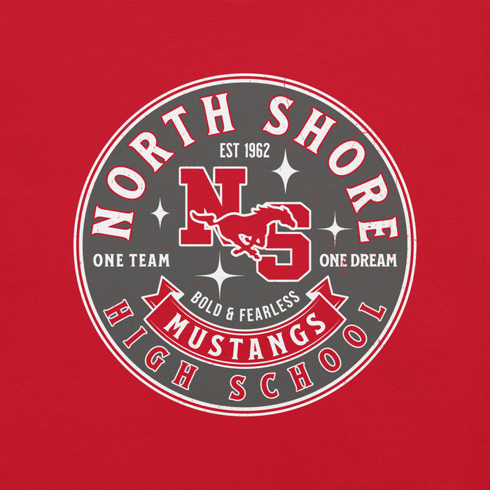 Close-up view of North Shore High School Mustangs Red Premium Unisex T-shirt 215