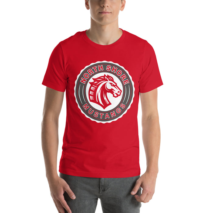 Man wearing North Shore High School Mustangs Red Premium Unisex T-shirt 216