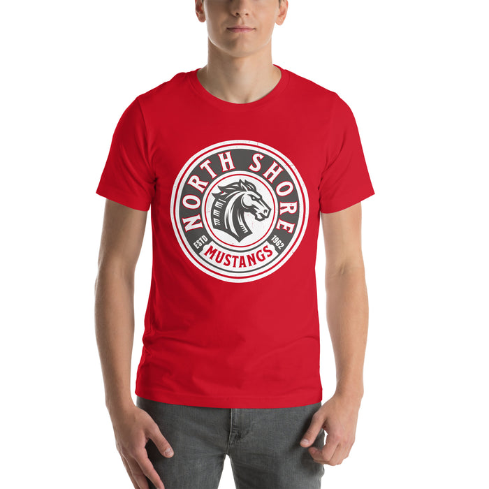 Man wearing North Shore High School Mustangs Red Premium Unisex T-shirt 220