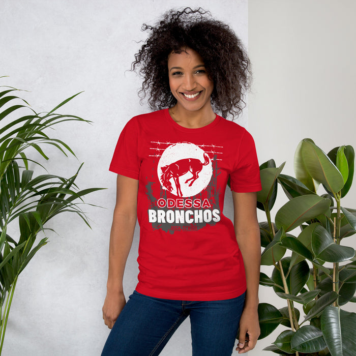 Woman wearing Odessa High School Bronchos Red Premium Unisex T-shirt 202