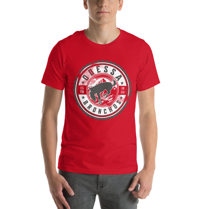 Man wearing Odessa High School Bronchos Red Premium Unisex T-shirt 203