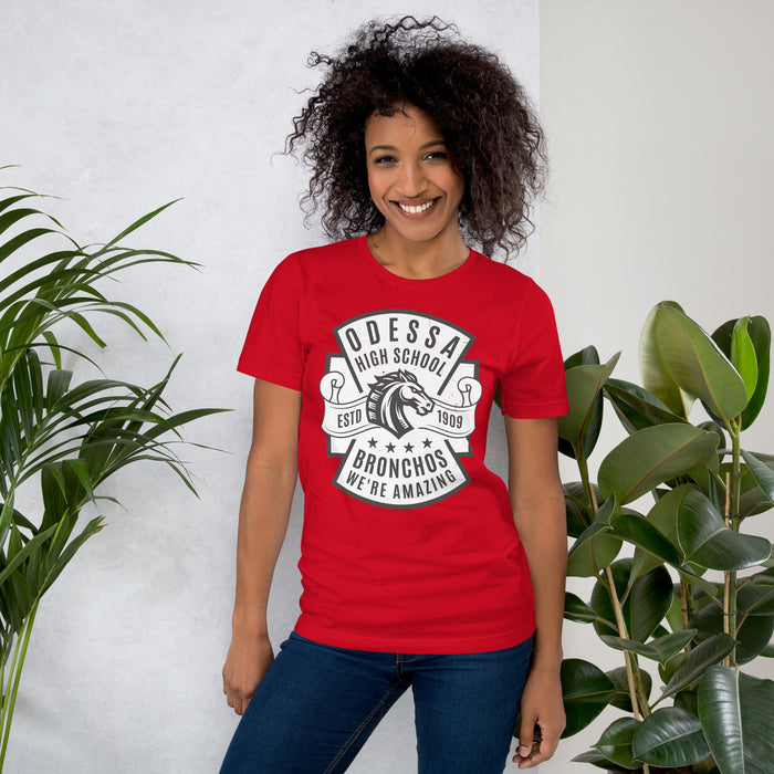 Woman wearing Odessa High School Bronchos Red Premium Unisex T-shirt 207