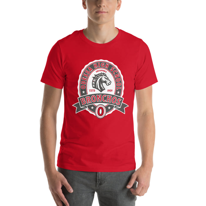 Man wearing Odessa High School Bronchos Red Premium Unisex T-shirt 212