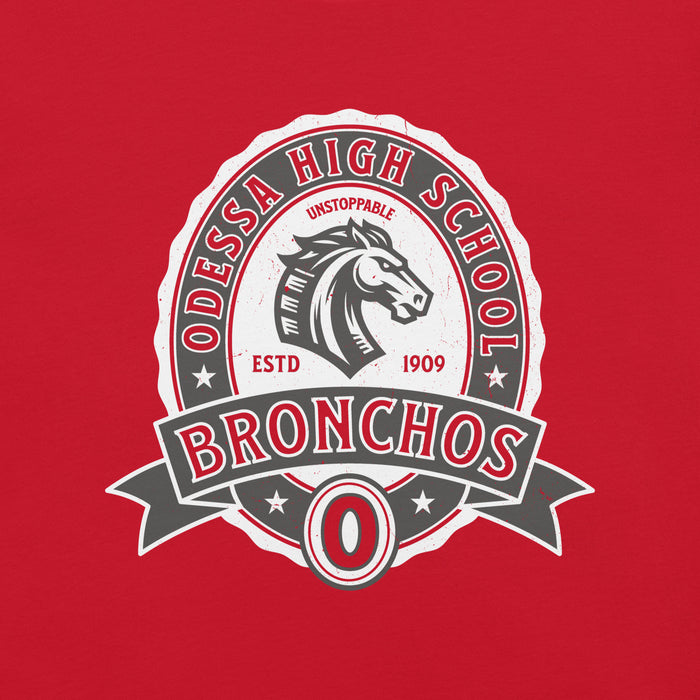 Close-up view of Odessa High School Bronchos Red Premium Unisex T-shirt 212