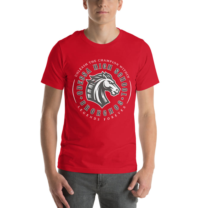 Man wearing Odessa High School Bronchos Red Premium Unisex T-shirt 214