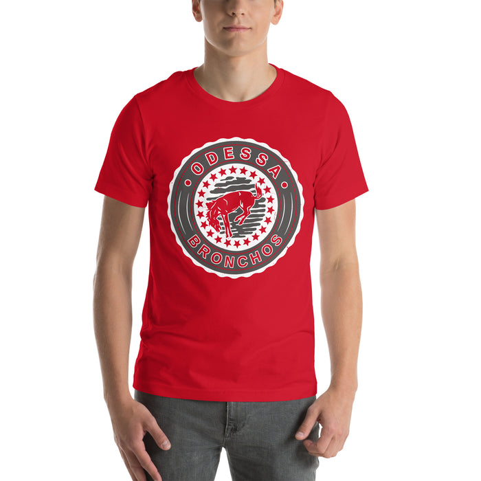 Man wearing Odessa High School Bronchos Red Premium Unisex T-shirt 216