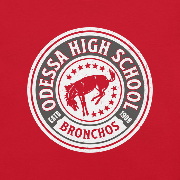 Close-up view of Odessa High School Bronchos Red Premium Unisex T-shirt 220