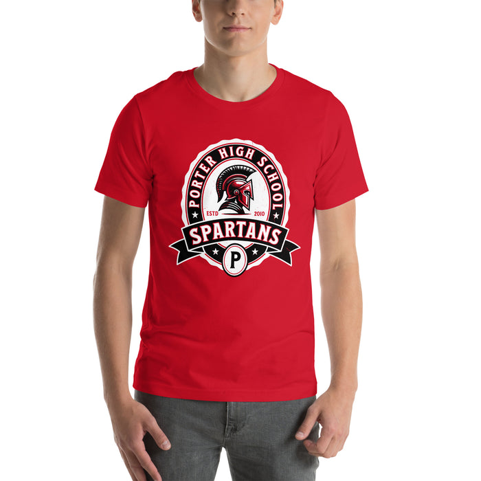 Ma wearing Porter High School Spartans Red Premium Unisex T-shirt 212