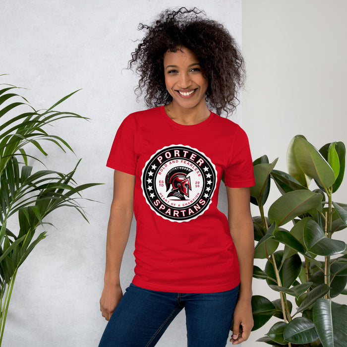 Woman wearing Porter High School Spartans Red Premium Unisex T-shirt 216