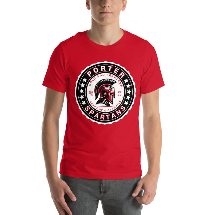 Man wearing Porter High School Spartans Red Premium Unisex T-shirt 216