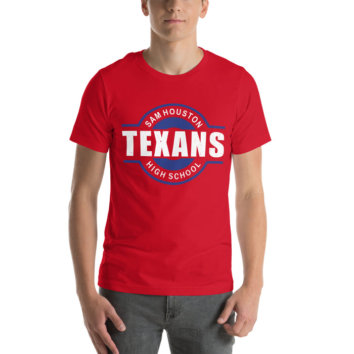 Man wearing Sam Houston High School Texans Red Premium Unisex T-shirt 011