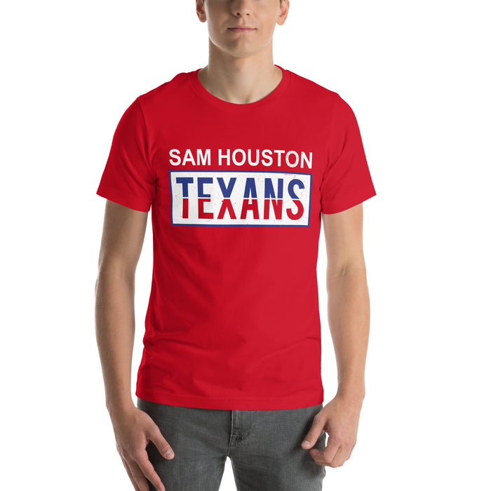 Man wearing Sam Houston High School Texans Red Premium Unisex T-shirt 031