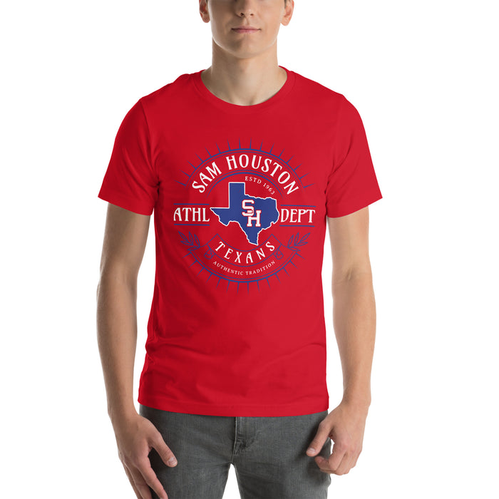 Man wearing Sam Houston High School Texans Red Premium Unisex T-shirt 201