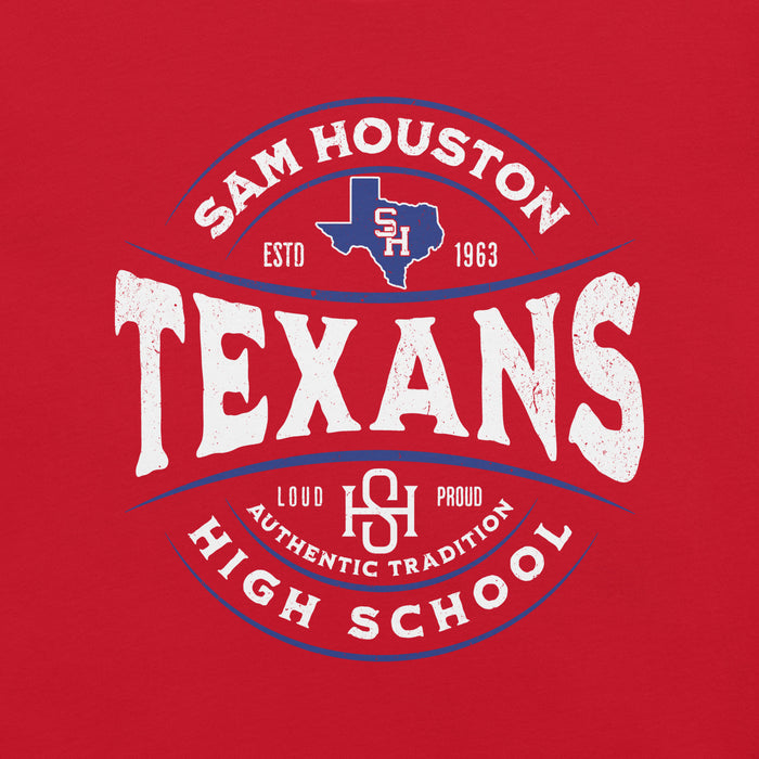 Close-up view of Sam Houston High School Texans Red Premium Unisex T-shirt 218