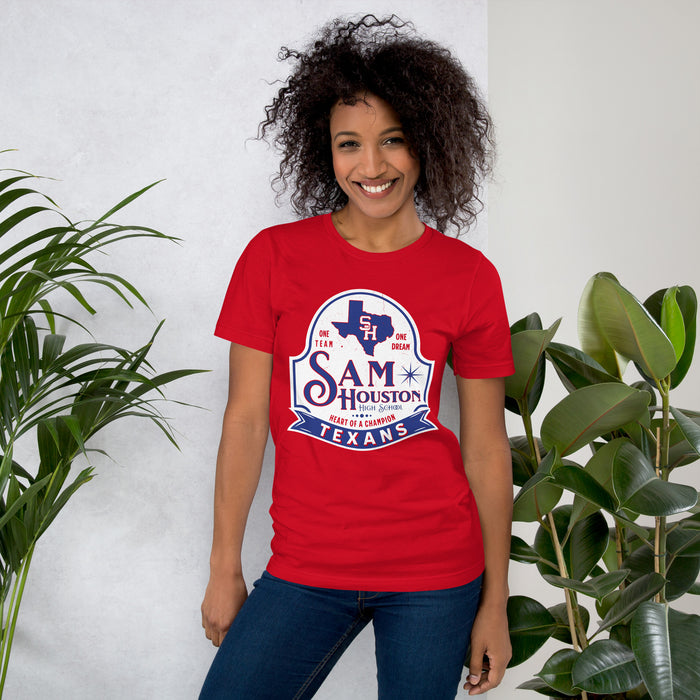 Woman wearing Sam Houston High School Texans Red Premium Unisex T-shirt 219