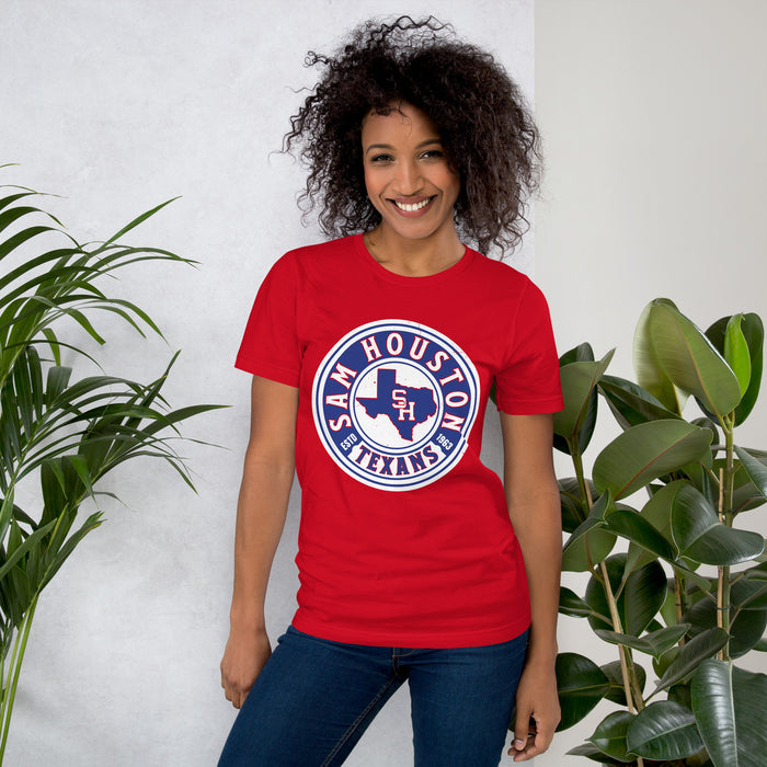 Woman wearing Sam Houston High School Texans Red Premium Unisex T-shirt 220