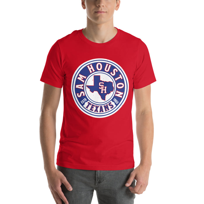 Man wearing Sam Houston High School Texans Red Premium Unisex T-shirt 220