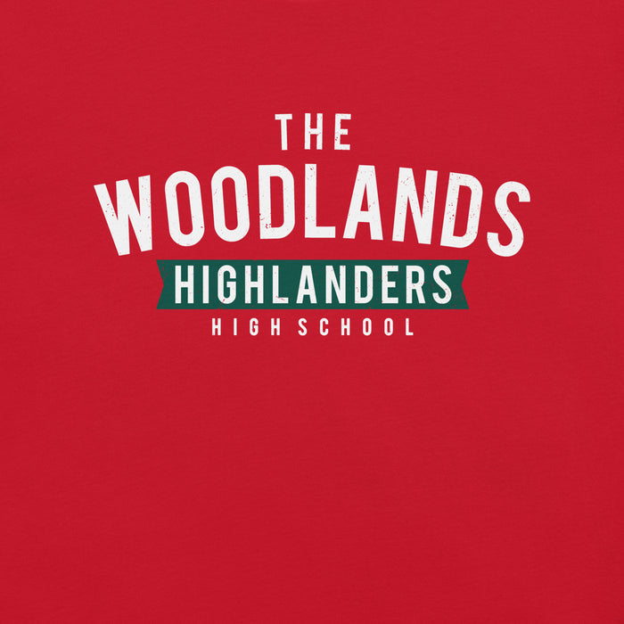 Close-up view of The Woodlands High School Highlanders Red Premium Unisex T-shirt 021