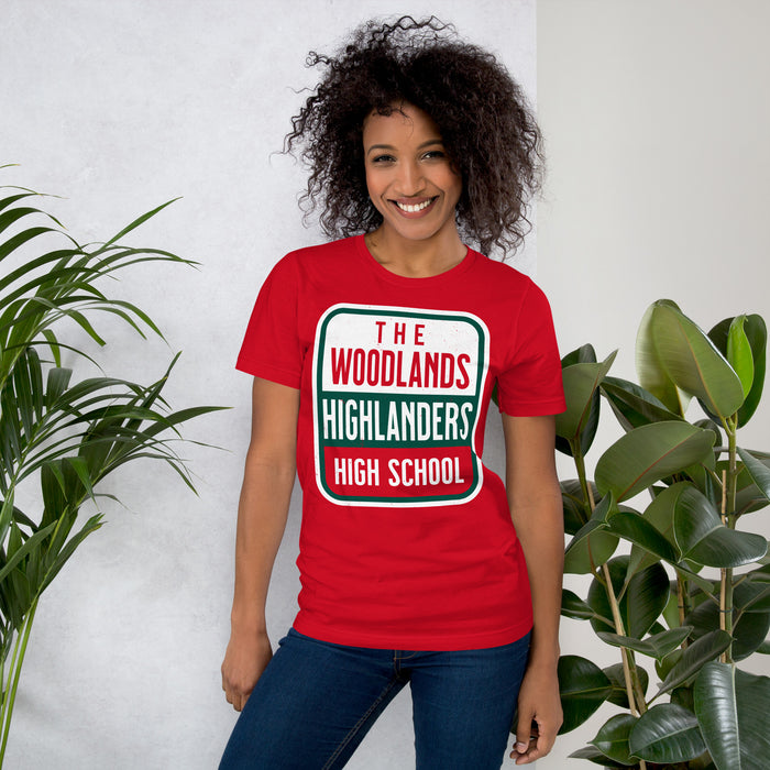 Woman wearing The Woodlands High School Highlanders Red Premium Unisex T-shirt 001