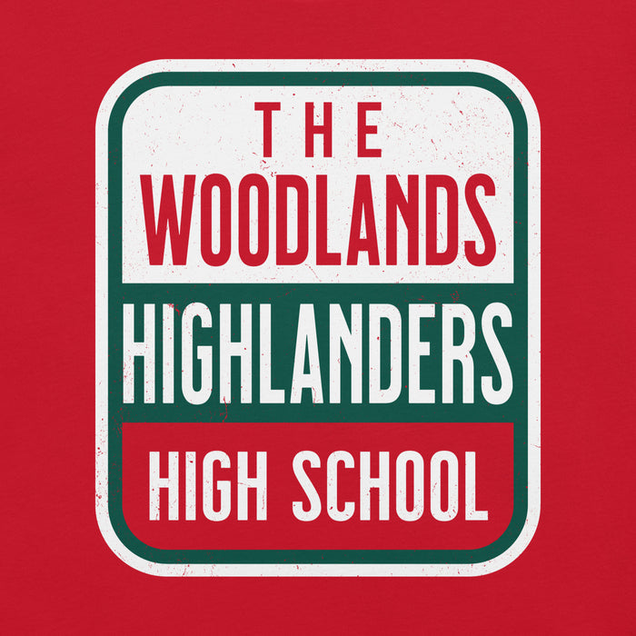 Close-up view of The Woodlands High School Highlanders Red Premium Unisex T-shirt 001