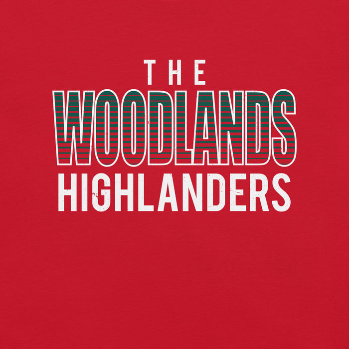 Close-up view of The Woodlands High School Highlanders Red Premium Unisex T-shirt 024