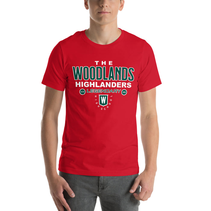 Man wearing The Woodlands High School Highlanders Red Premium Unisex T-shirt 003