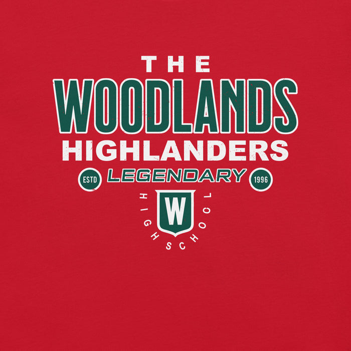 Close-up view of The Woodlands High School Highlanders Red Premium Unisex T-shirt 003