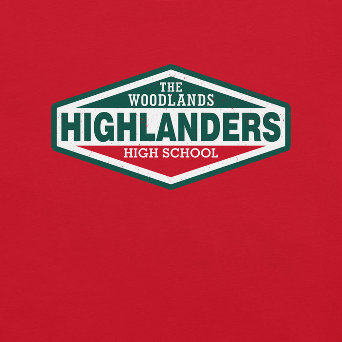 Close-up view of The Woodlands High School Highlanders Red Premium Unisex T-shirt 009