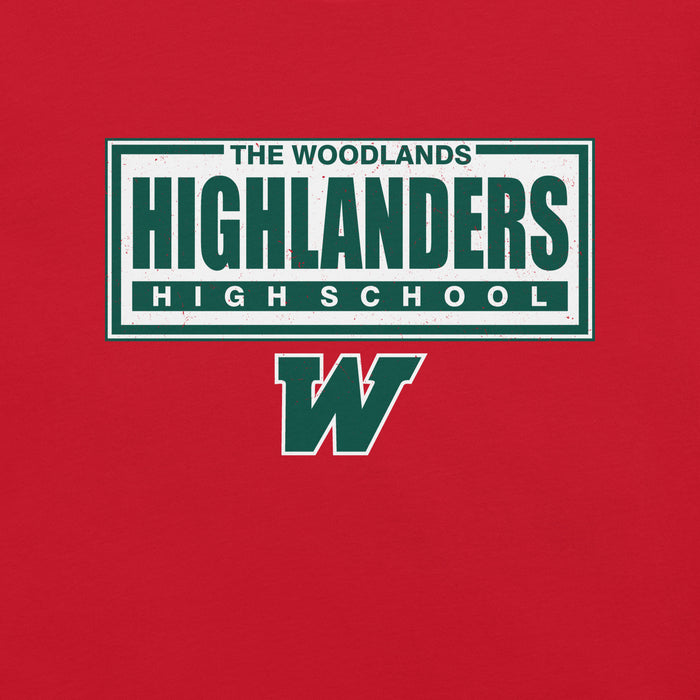 Close-up view of The Woodlands High School Highlanders Red Premium Unisex T-shirt 049