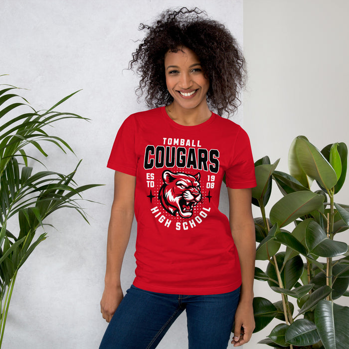 Woman wearing Tomball High School Cougars Red Premium Unisex T-shirt 204