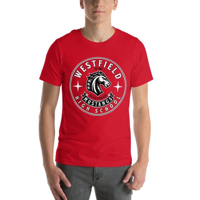 Man wearing Westfield High School Mustangs Red Premium Unisex T-shirt 215