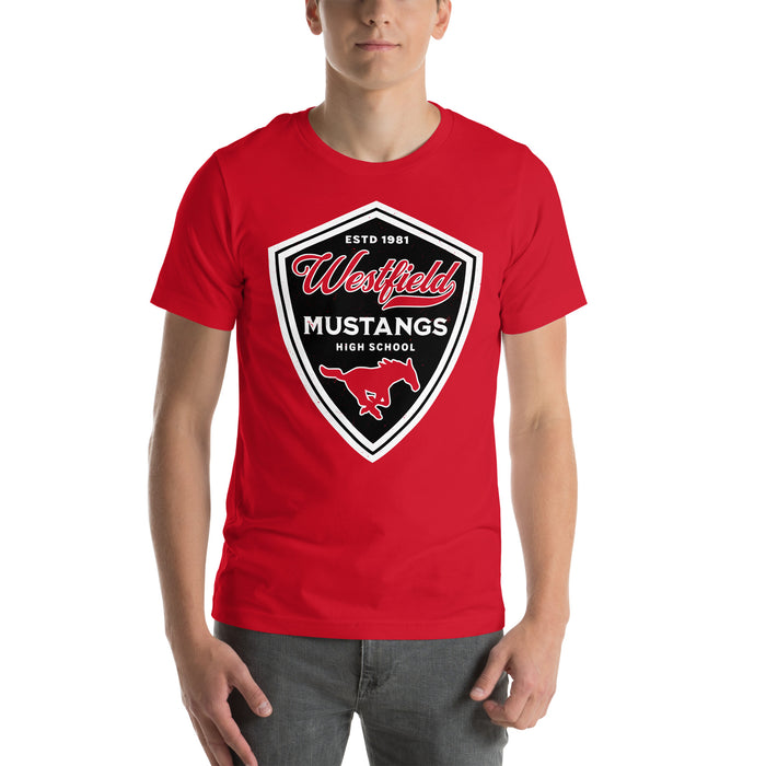 Man wearing Westfield High School Mustangs Red Premium Unisex T-shirt 225