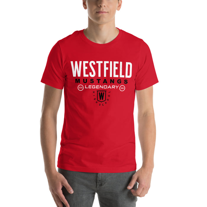 Man wearing Westfield High School Mustangs Red Premium Unisex T-shirt 003