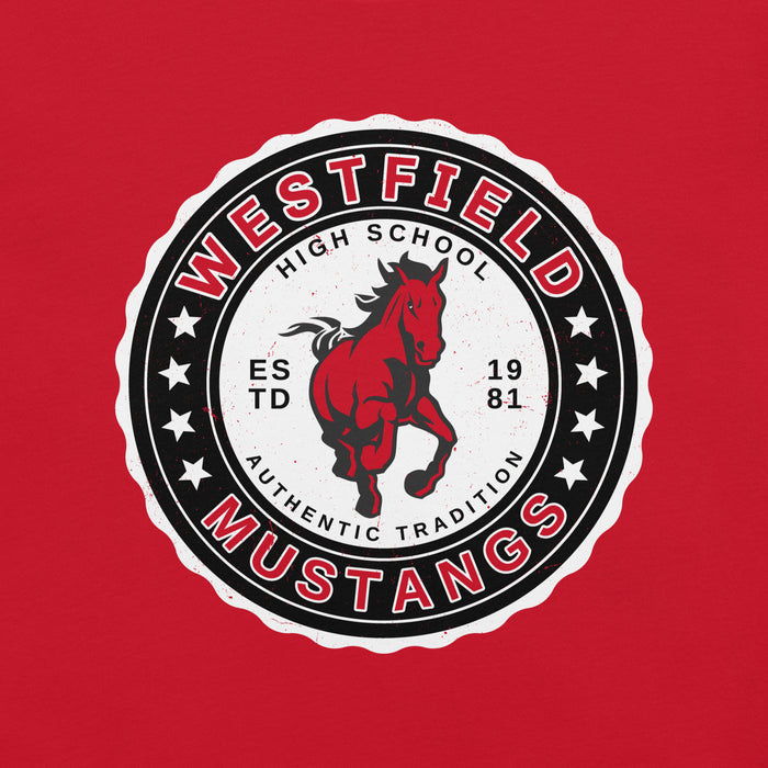 Close-up view of Westfield High School Mustangs Red Premium Unisex T-shirt 216