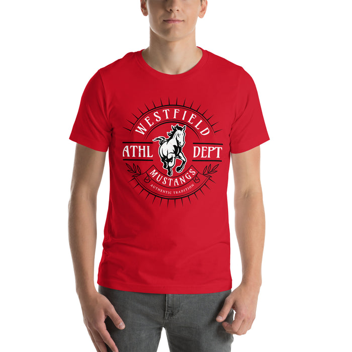 Man wearing Westfield High School Mustangs Red Premium Unisex T-shirt 201