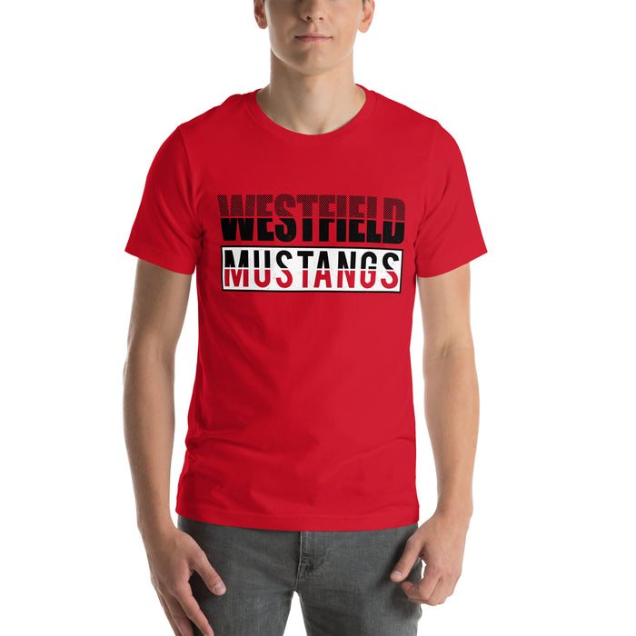 Man wearing Westfield High School Mustangs Red Premium Unisex T-shirt 031