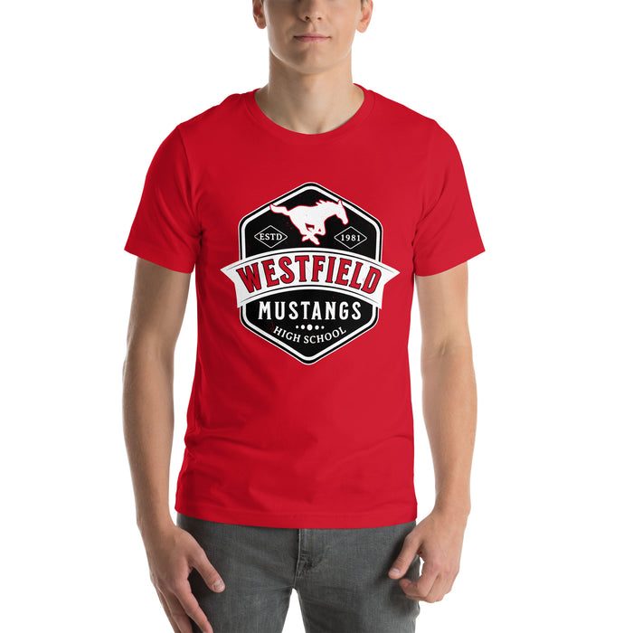 Man wearing Westfield High School Mustangs Red Premium Unisex T-shirt 209