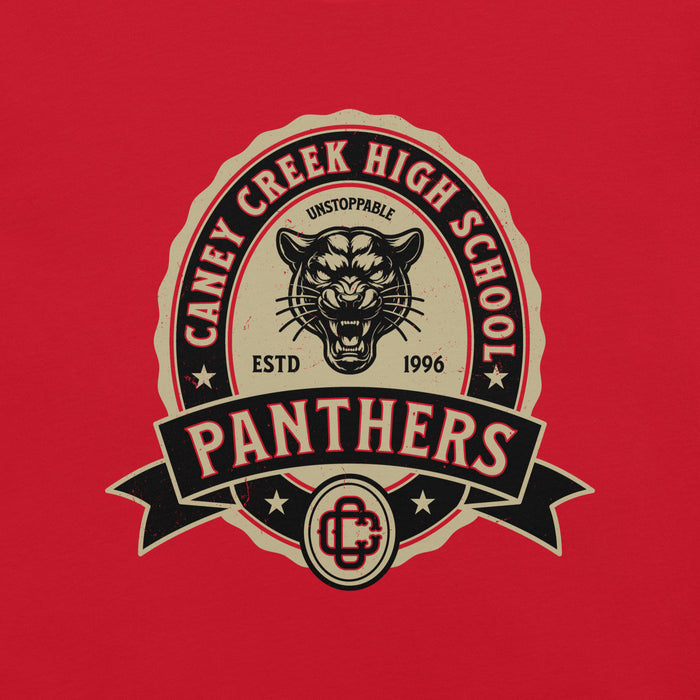 Close-up view of Caney Creek High School Panthers Red Premium Unisex T-shirt 212