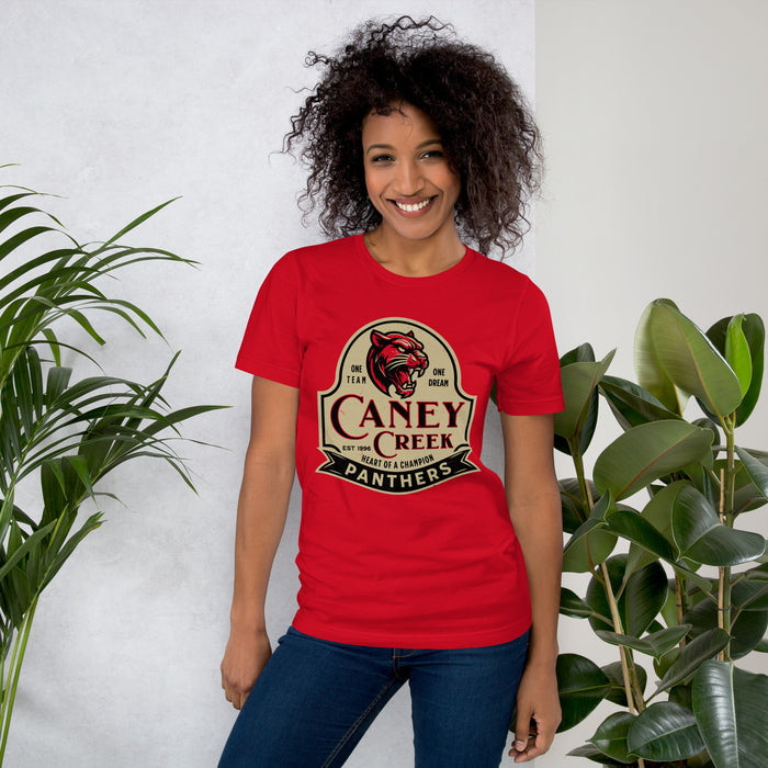 Woman wearing Caney Creek High School Panthers Red Premium Unisex T-shirt 219