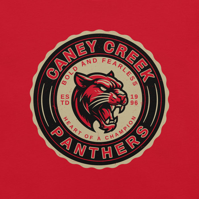Close-up view of Caney Creek High School Panthers Red Premium Unisex T-shirt 216