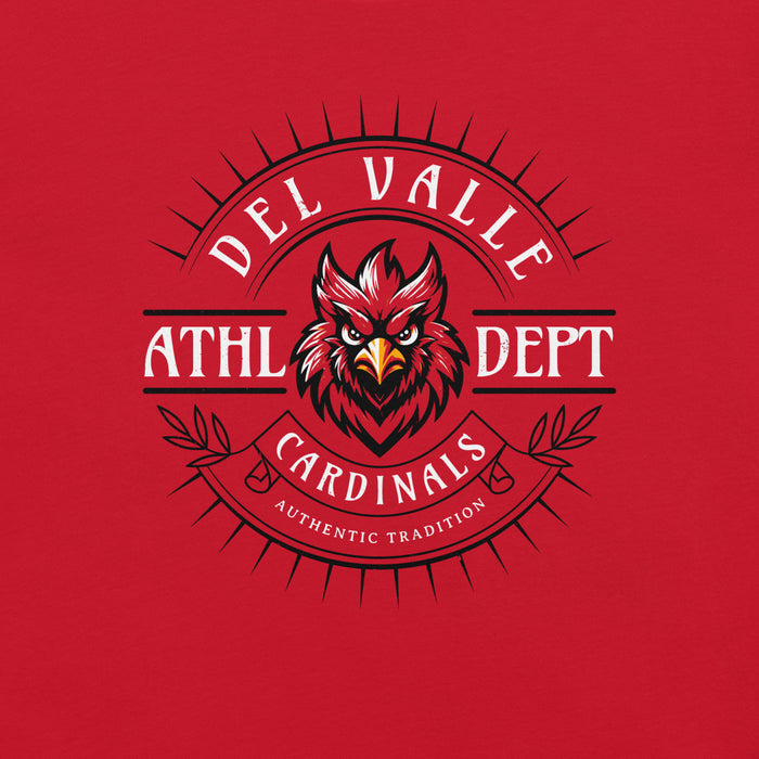Close-up view of Del Valle High School Cardinals Red Premium Unisex T-shirt 201