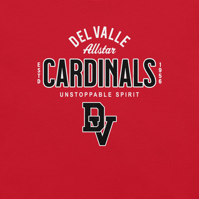 Close-up view of Del Valle High School Cardinals Red Premium Unisex T-shirt 040