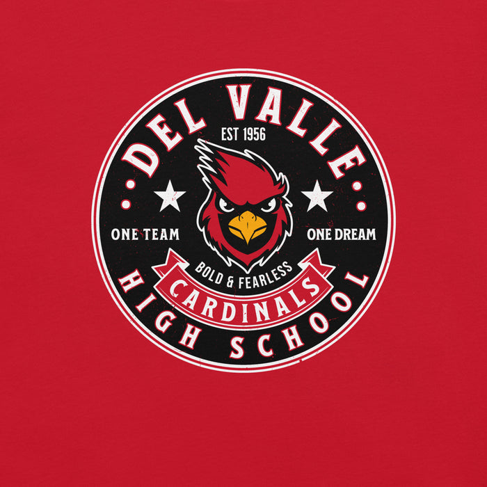 Close-up view of Del Valle High School Cardinals Red Premium Unisex T-shirt 215